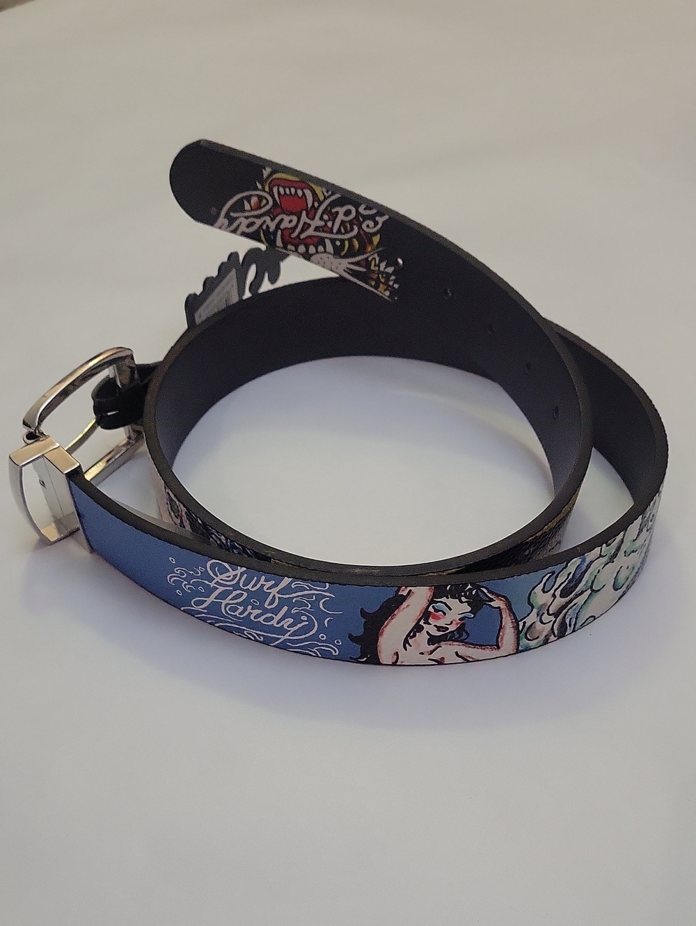 Ed Hardy Mens Size 36 Reversible Belt Blue Black Tattoo Graphic Mermaid Shark
